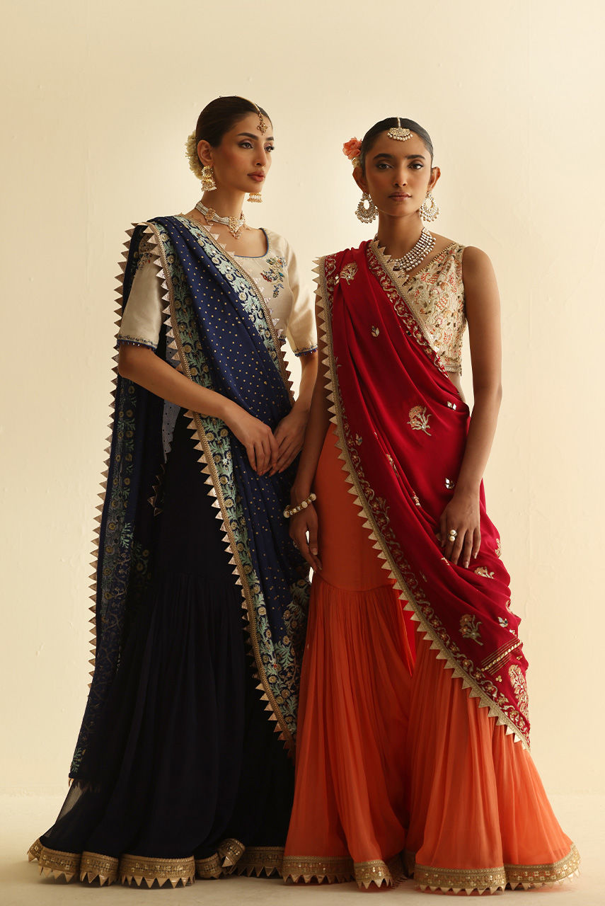 Orange and Red Embroidered Chiffon Gharara (3-Piece) - Image 6