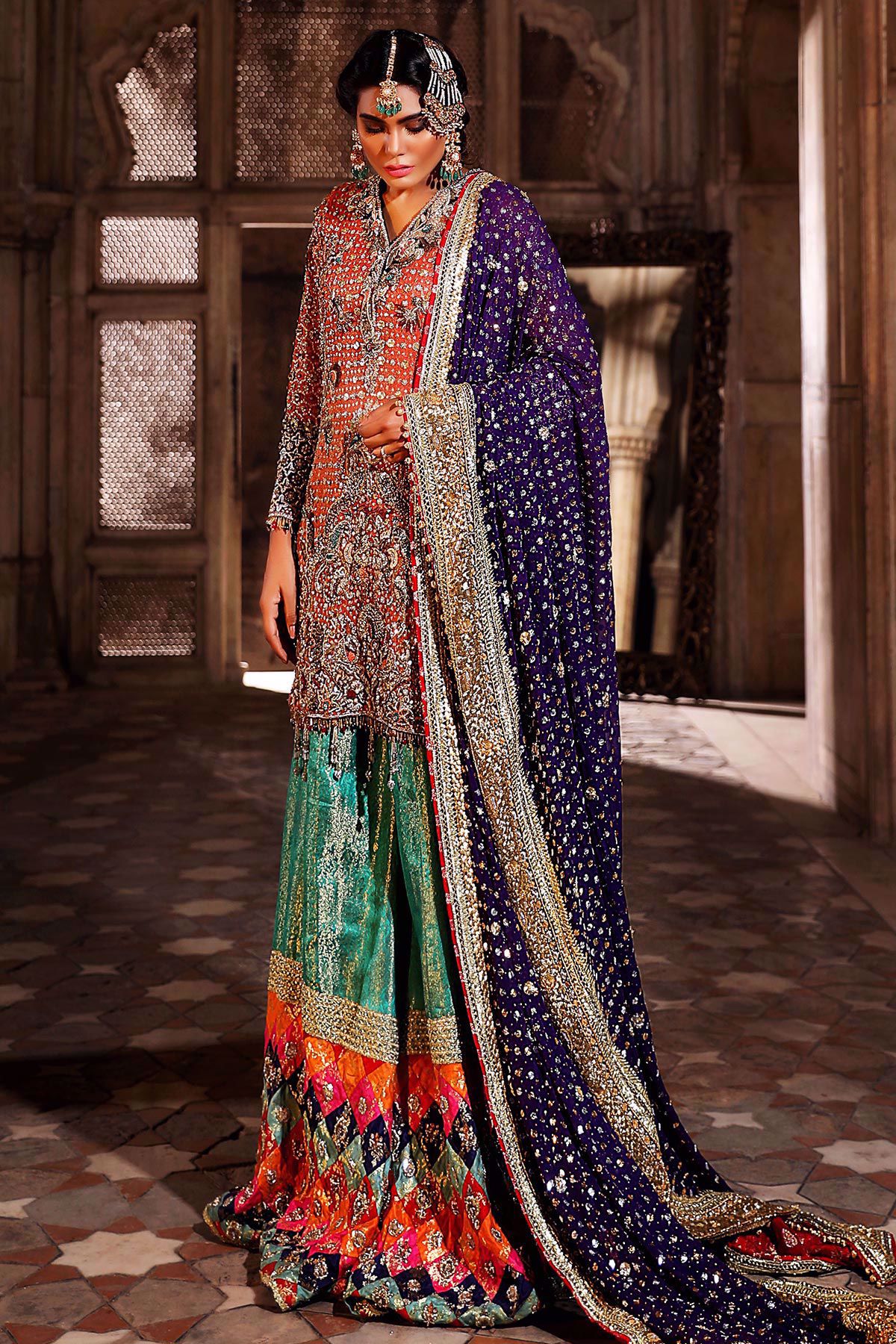 Orange Embroidered Cotton Net Bridal Gharara (3-Piece) - Image 1