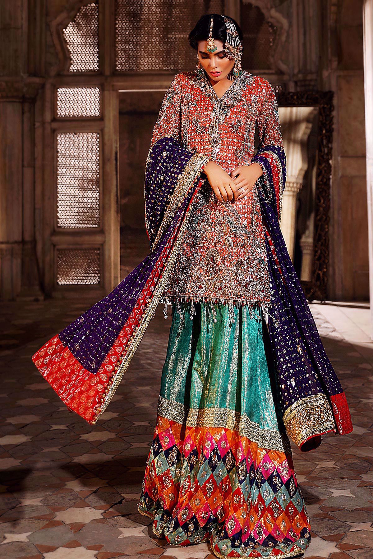 Orange Embroidered Cotton Net Bridal Gharara (3-Piece) - Image 2