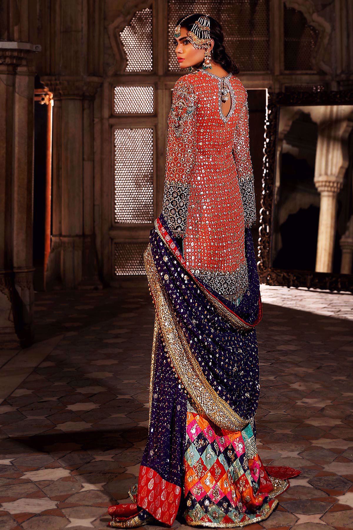 Orange Embroidered Cotton Net Bridal Gharara (3-Piece) - Image 3