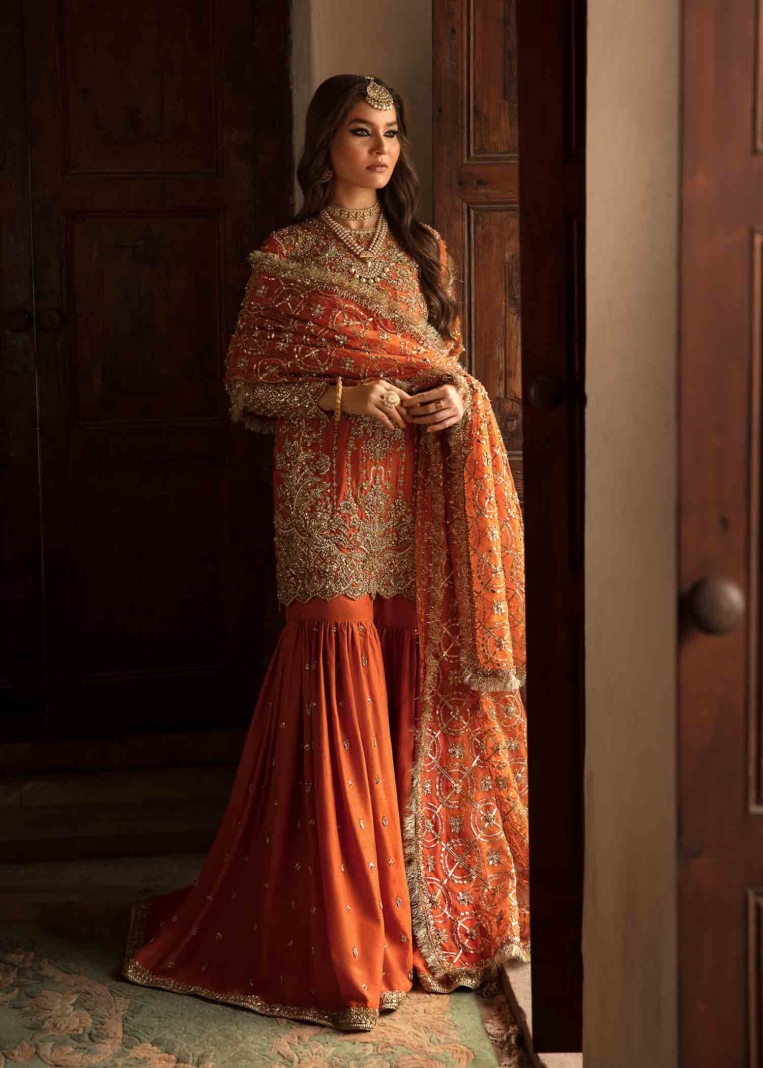 Burnt Orange Gota Embroidered Silk Gharara (4-Piece) - Image 4