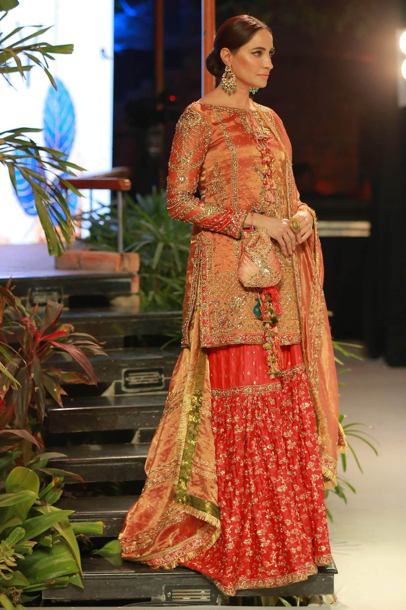 Orange Rust Zardozi Tissue Net Kameez with Red Gharara (3-Piece) - Image 4