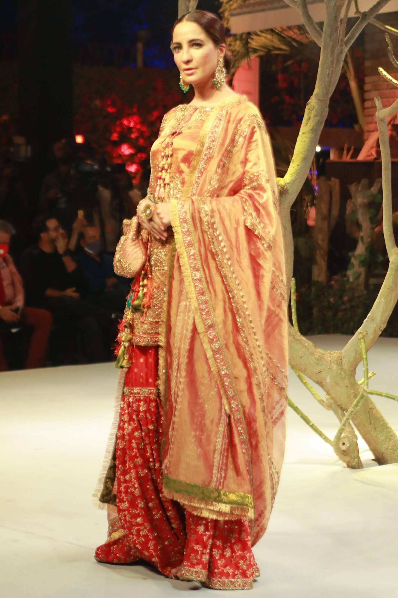 Orange Rust Zardozi Tissue Net Kameez with Red Gharara (3-Piece) - Image 5