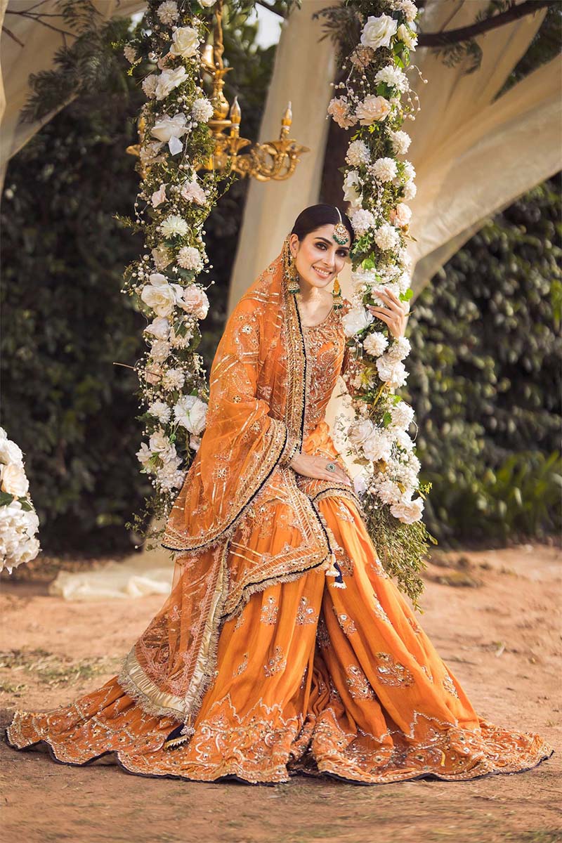 Pakistani Burnt Orange Embellished Net & Raw Silk Farshi Gharara (3-Piece) - Image 1