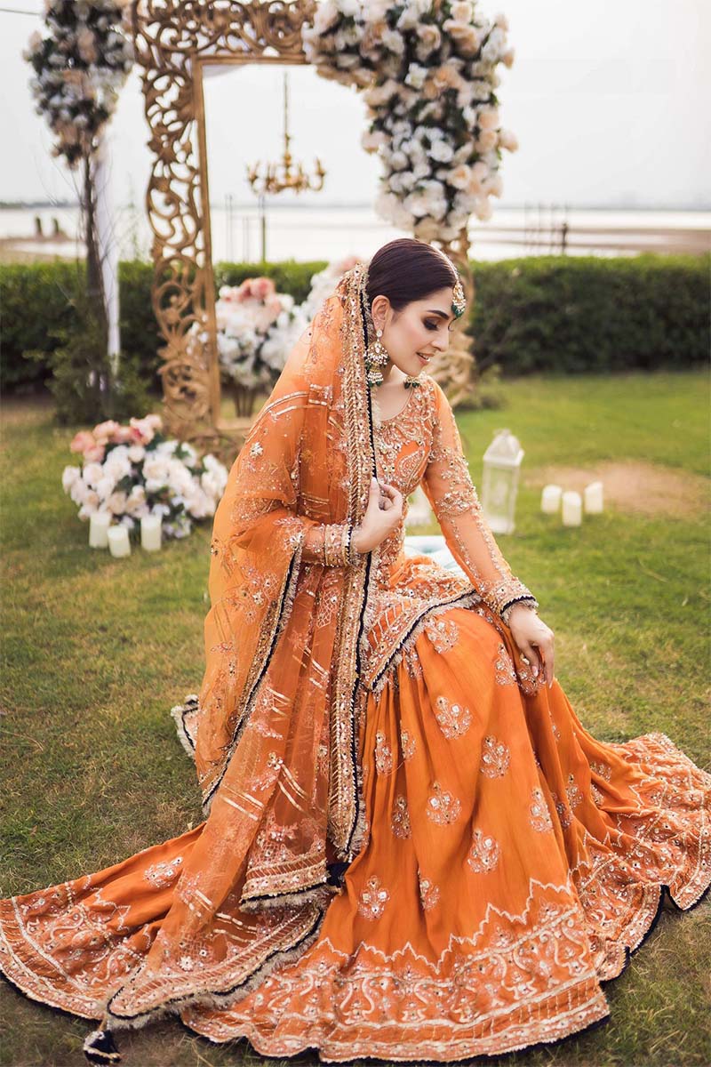 Pakistani Burnt Orange Embellished Net & Raw Silk Farshi Gharara (3-Piece) - Image 3