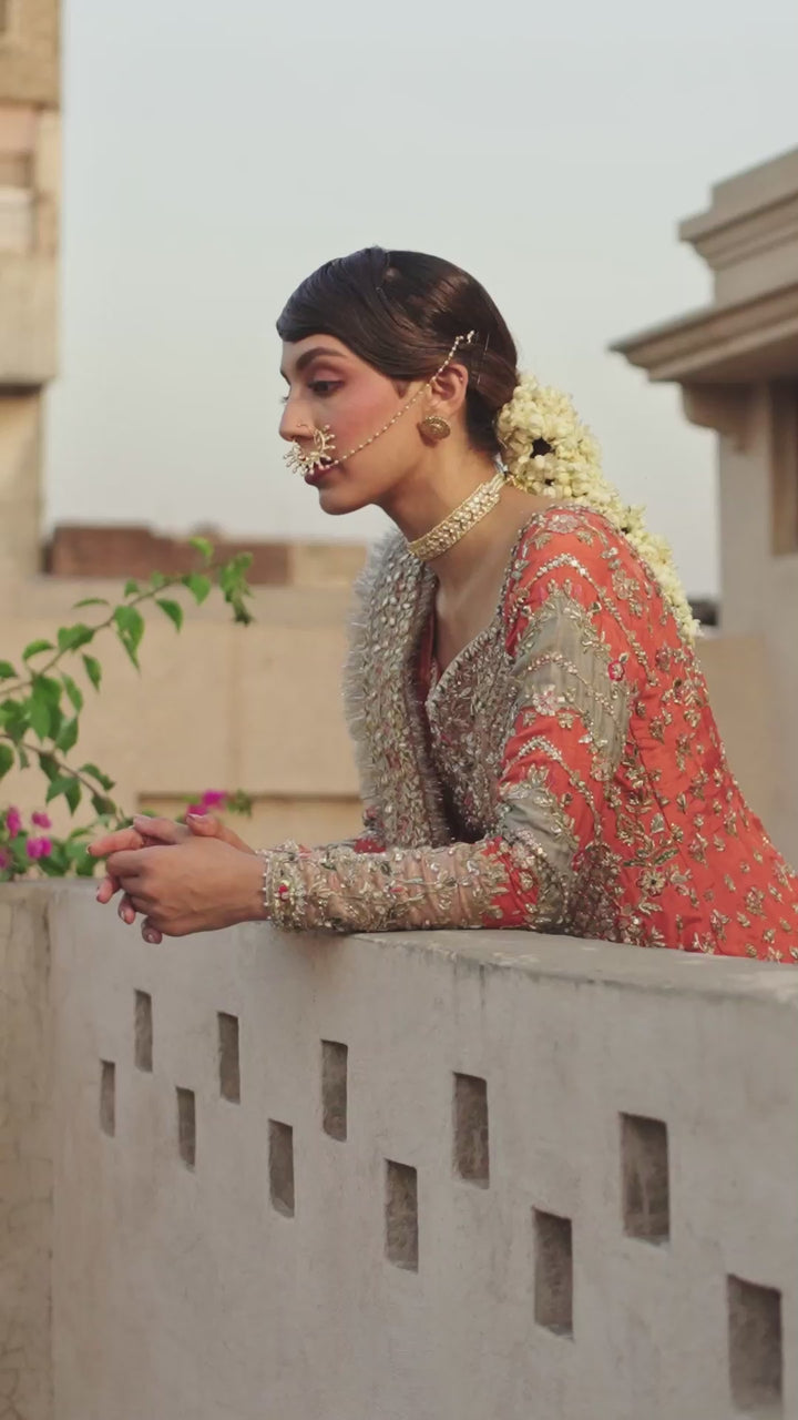 Pakistani Orange Naqshi & Dabka Silk Gharara (3-Piece) - Image 6