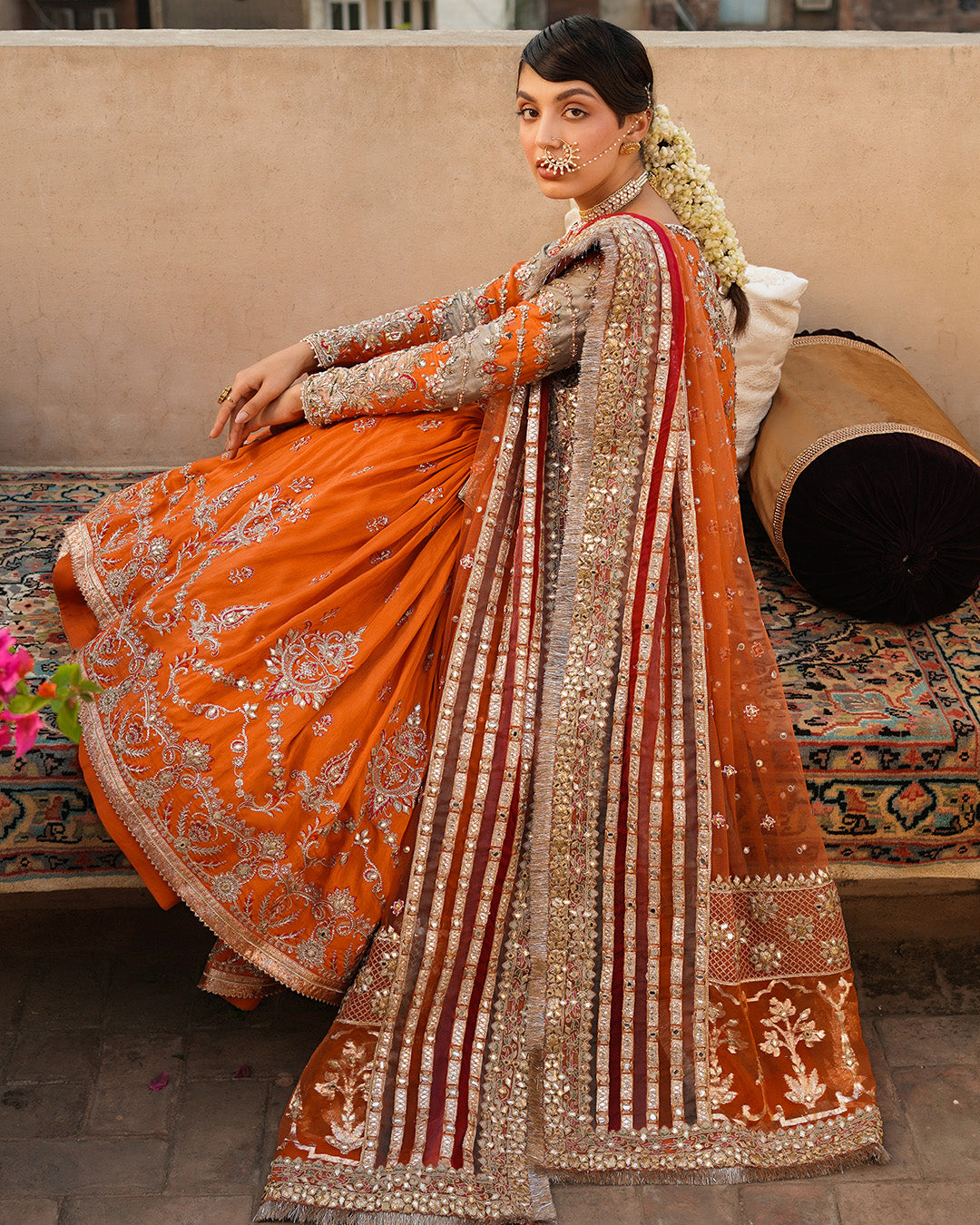 Pakistani Orange Embroidered Korean Raw Silk Gharara (3-Piece) - Image 5