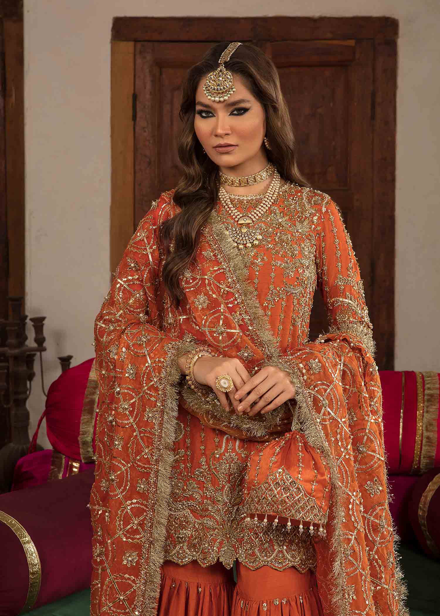 Indian Burnt Orange Embroidered Silk Gharara Set (3-Piece) - Image 2