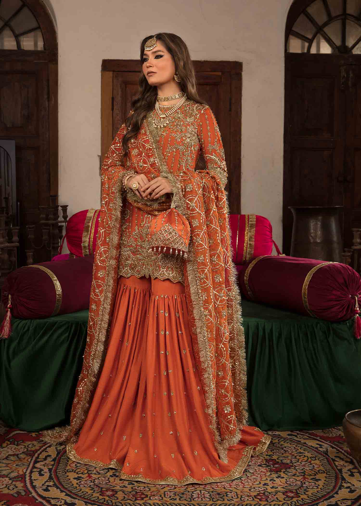 Indian Burnt Orange Embroidered Silk Gharara Set (3-Piece) - Image 3