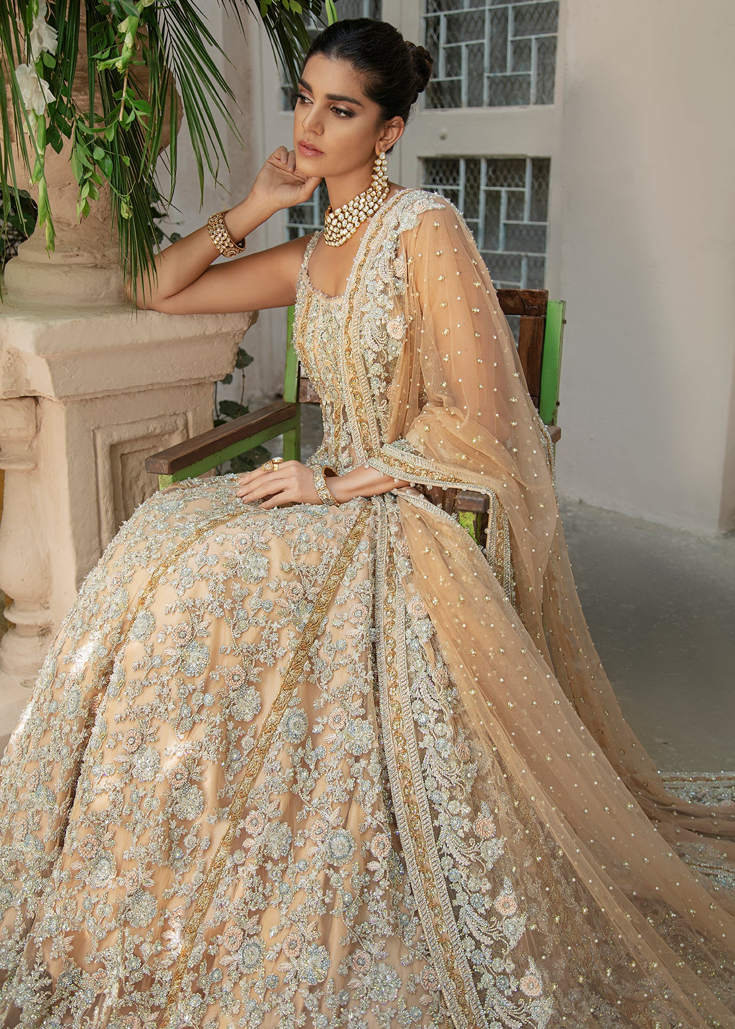 Indian Orange Embroidered Net Gown with Raw Silk Inner (2-Piece) - Image 3