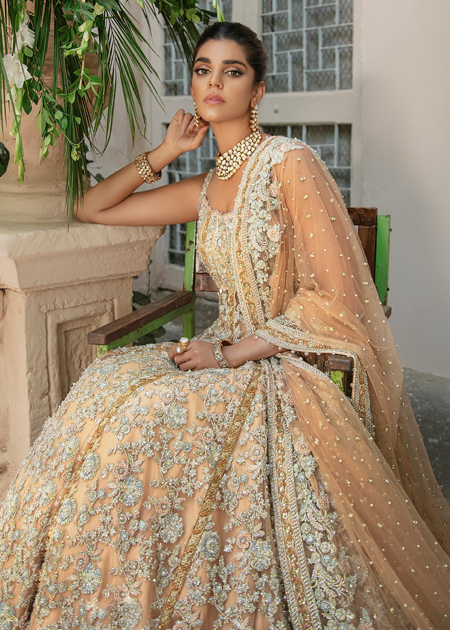 Indian Orange Embroidered Net Gown with Raw Silk Inner (2-Piece) - Image 5