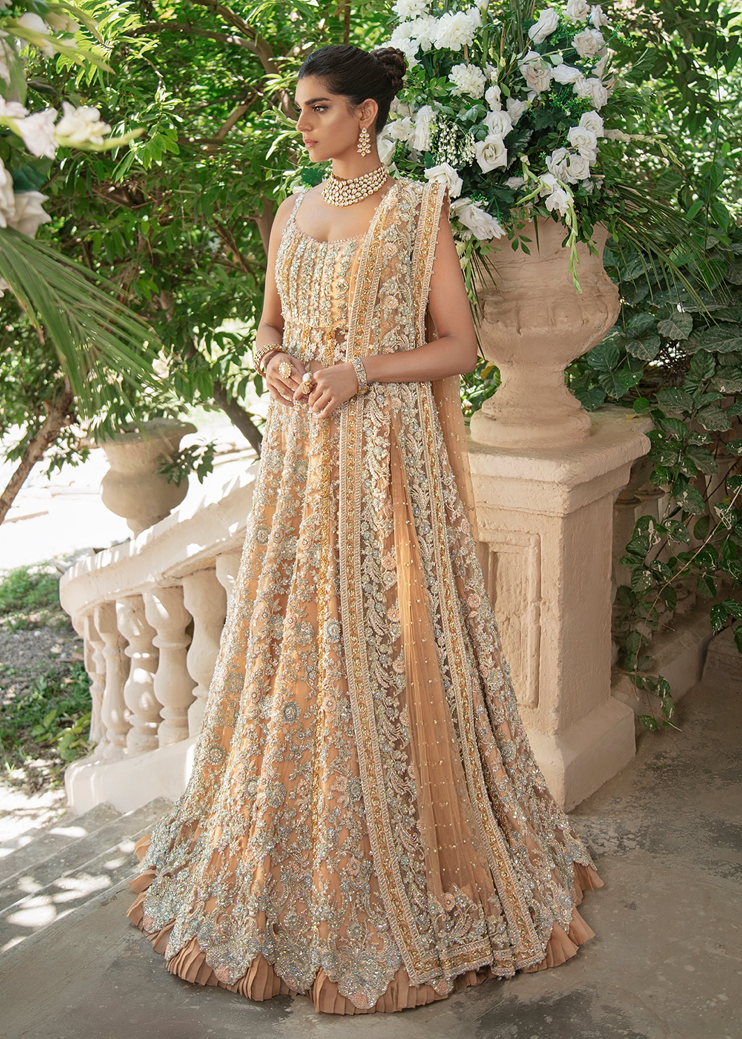 Indian Orange Embroidered Net Gown with Raw Silk Inner (2-Piece) - Image 7