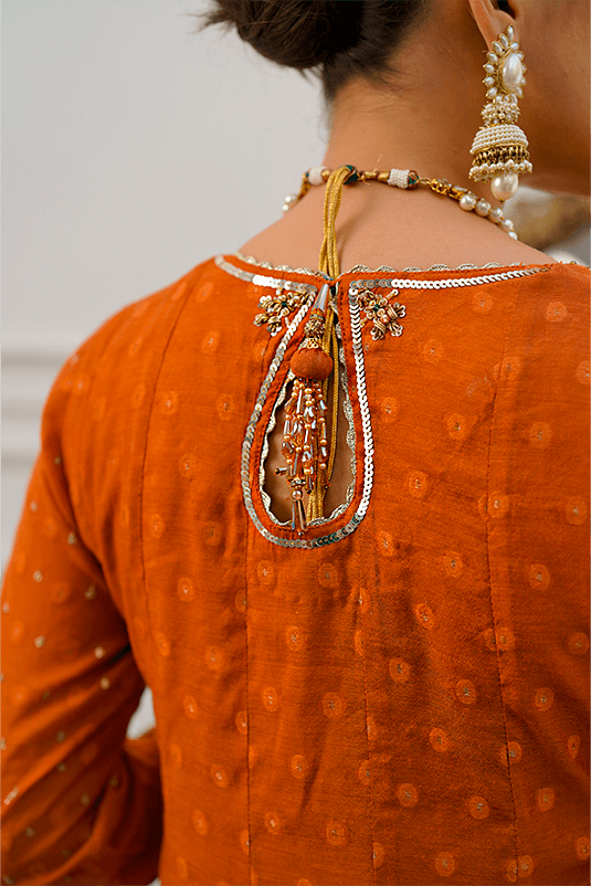 Burnt Orange Handworked Cotton Net Kalidaar (3-Piece) - Image 1