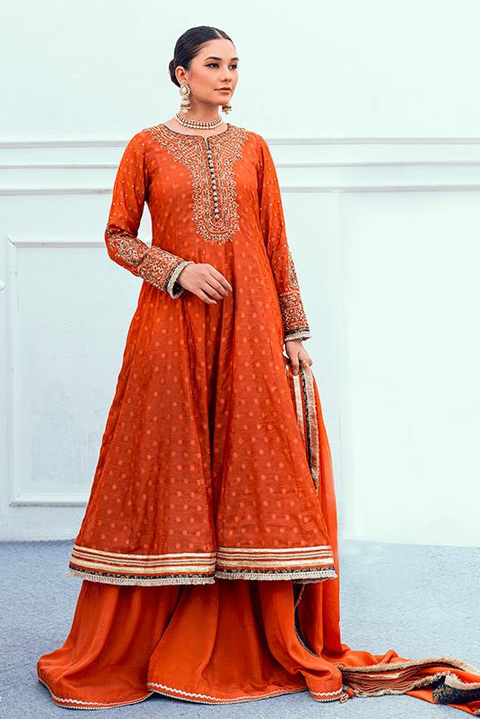 Burnt Orange Handworked Cotton Net Kalidaar (3-Piece) - Image 2
