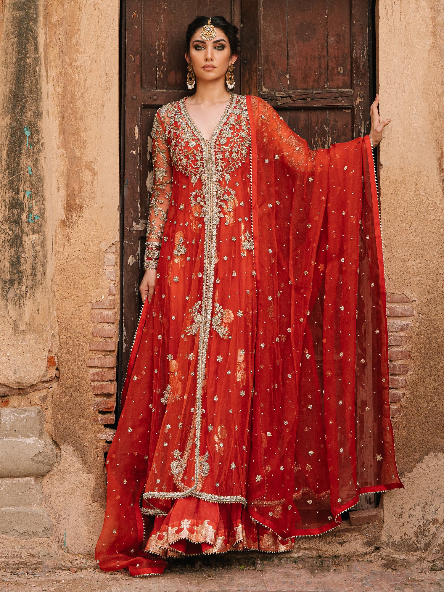 Pakistani Orange Zardozi Net Kalidar Dress (2-Piece) - Image 1