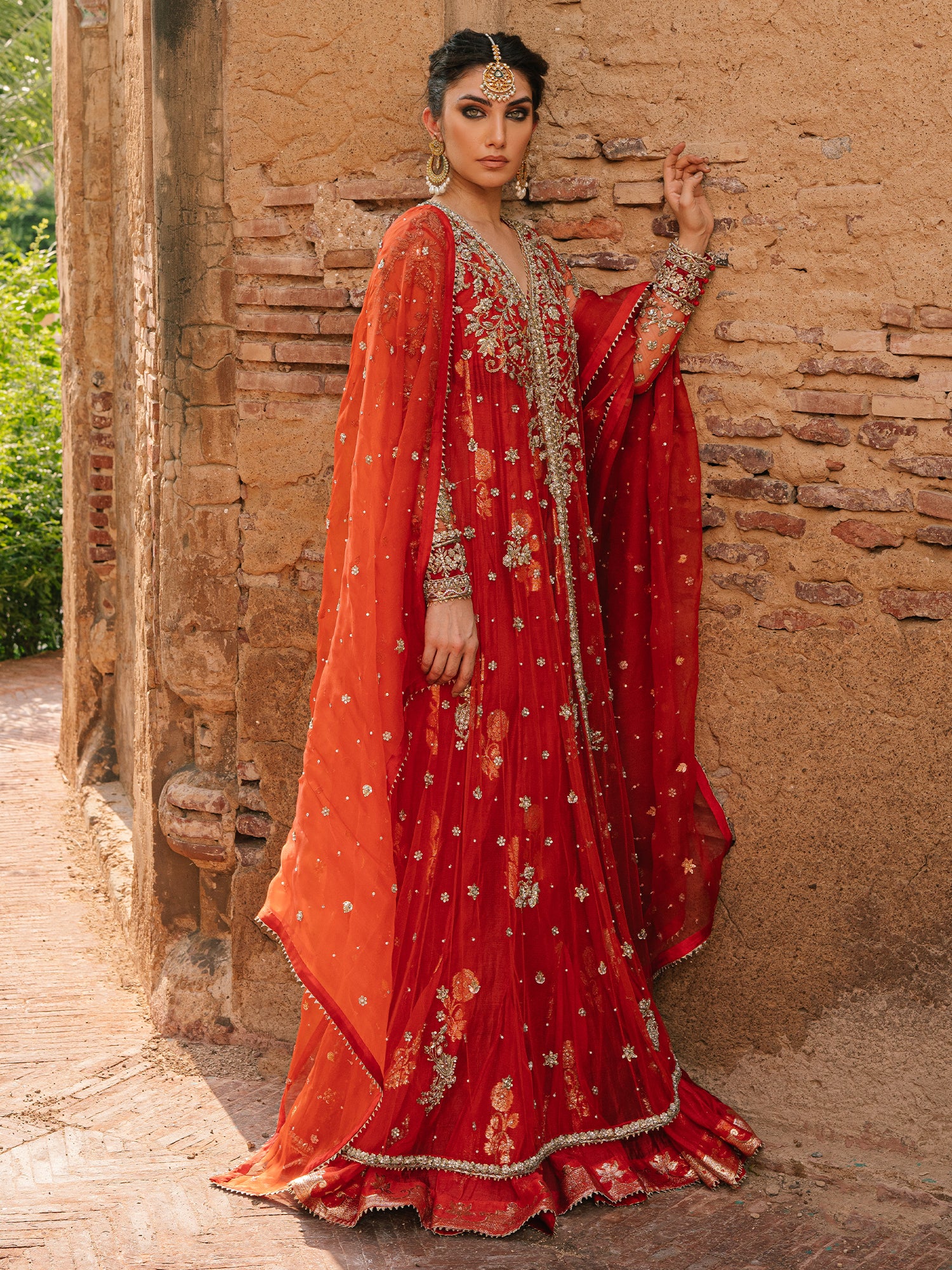 Pakistani Orange Zardozi Net Kalidar Dress (2-Piece) - Image 3