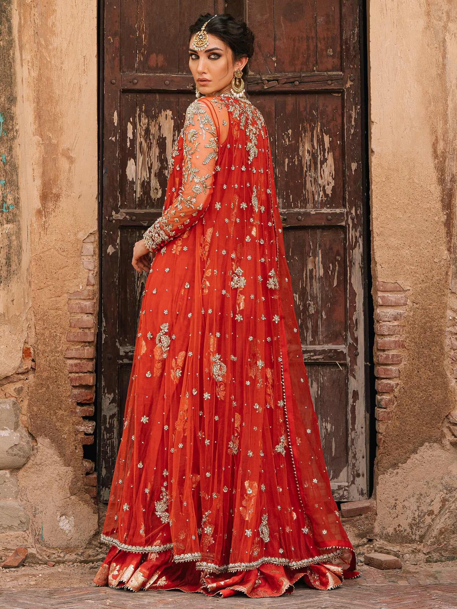 Pakistani Orange Zardozi Net Kalidar Dress (2-Piece) - Image 4