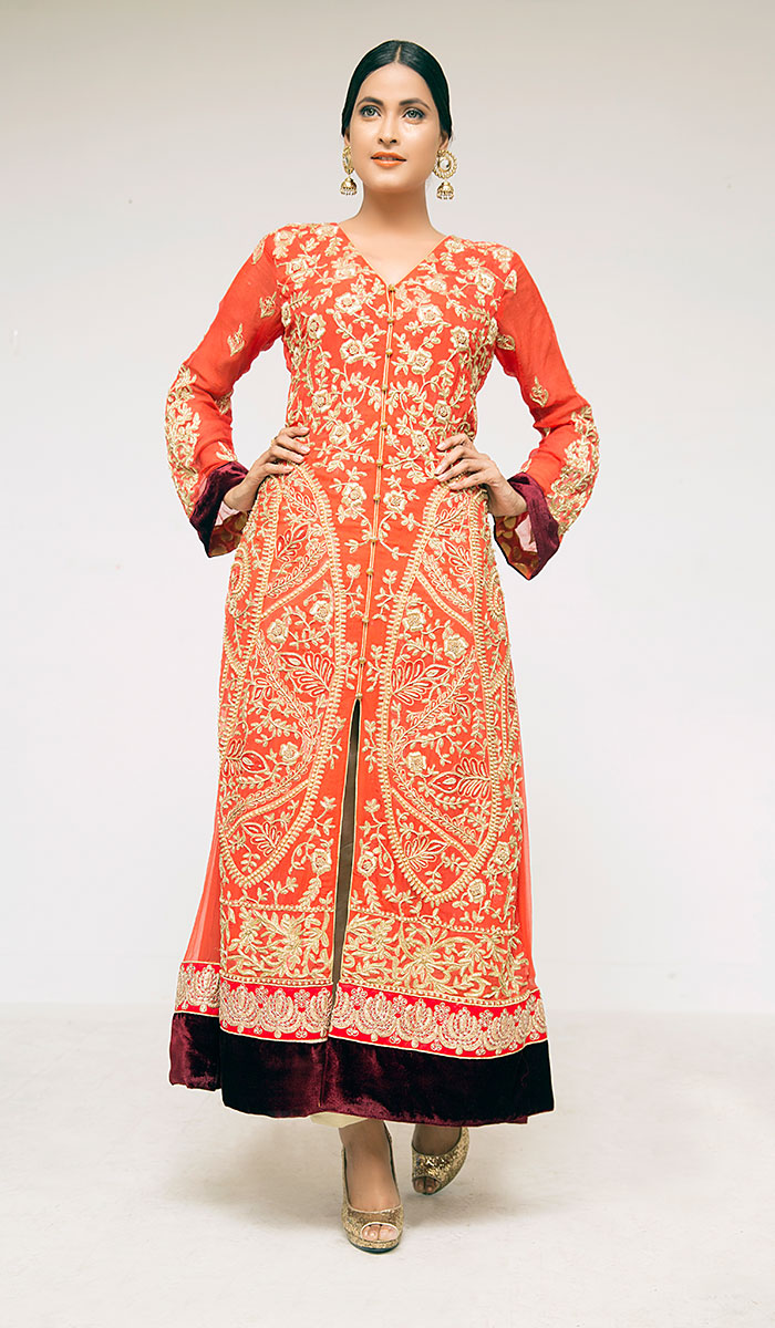 Pakistani Deep Orange Embroidered Silk Kalidar Jacket Dress (1-Pc) - Image 1