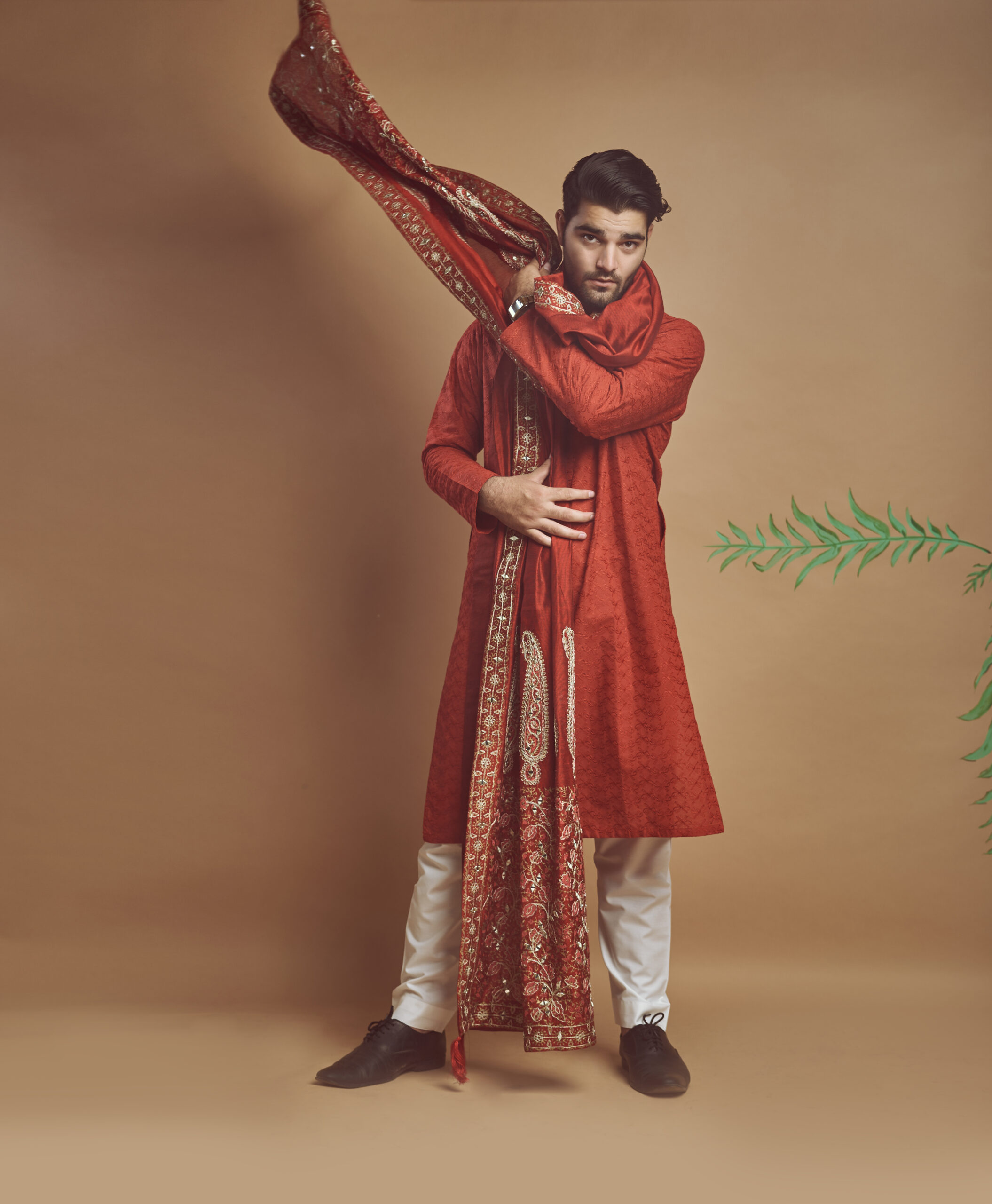 Rust Orange Chikankari Cotton Kurta (3-Piece) - Image 1