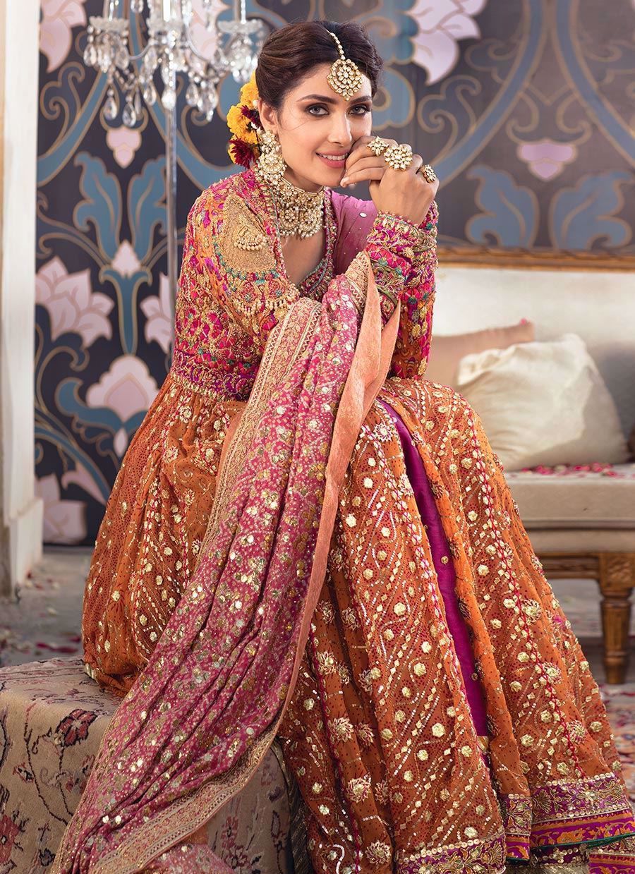 Orange Gota Zardozi Silk Kalidaar Lehenga (3-Piece) - Image 6