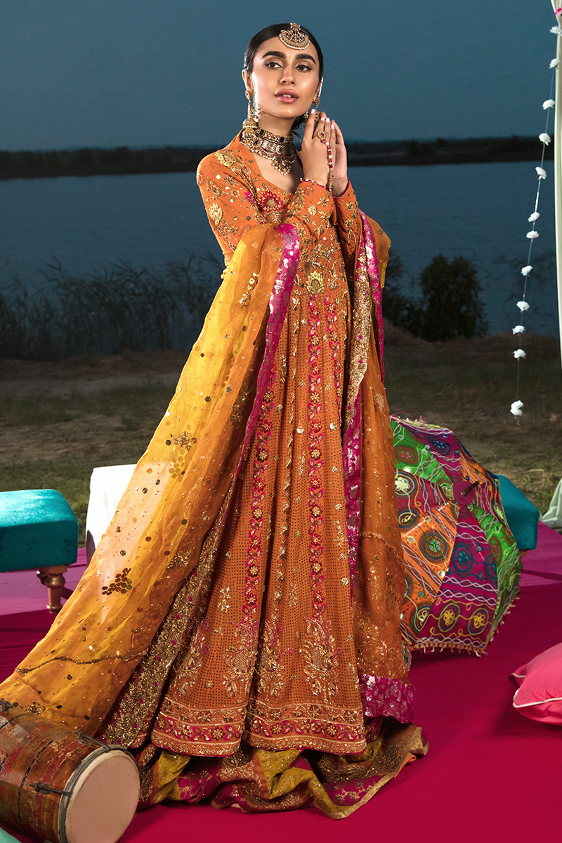 Pakistani Burnt Orange Chikankari Kalidar Lehenga (3-Piece) - Image 1