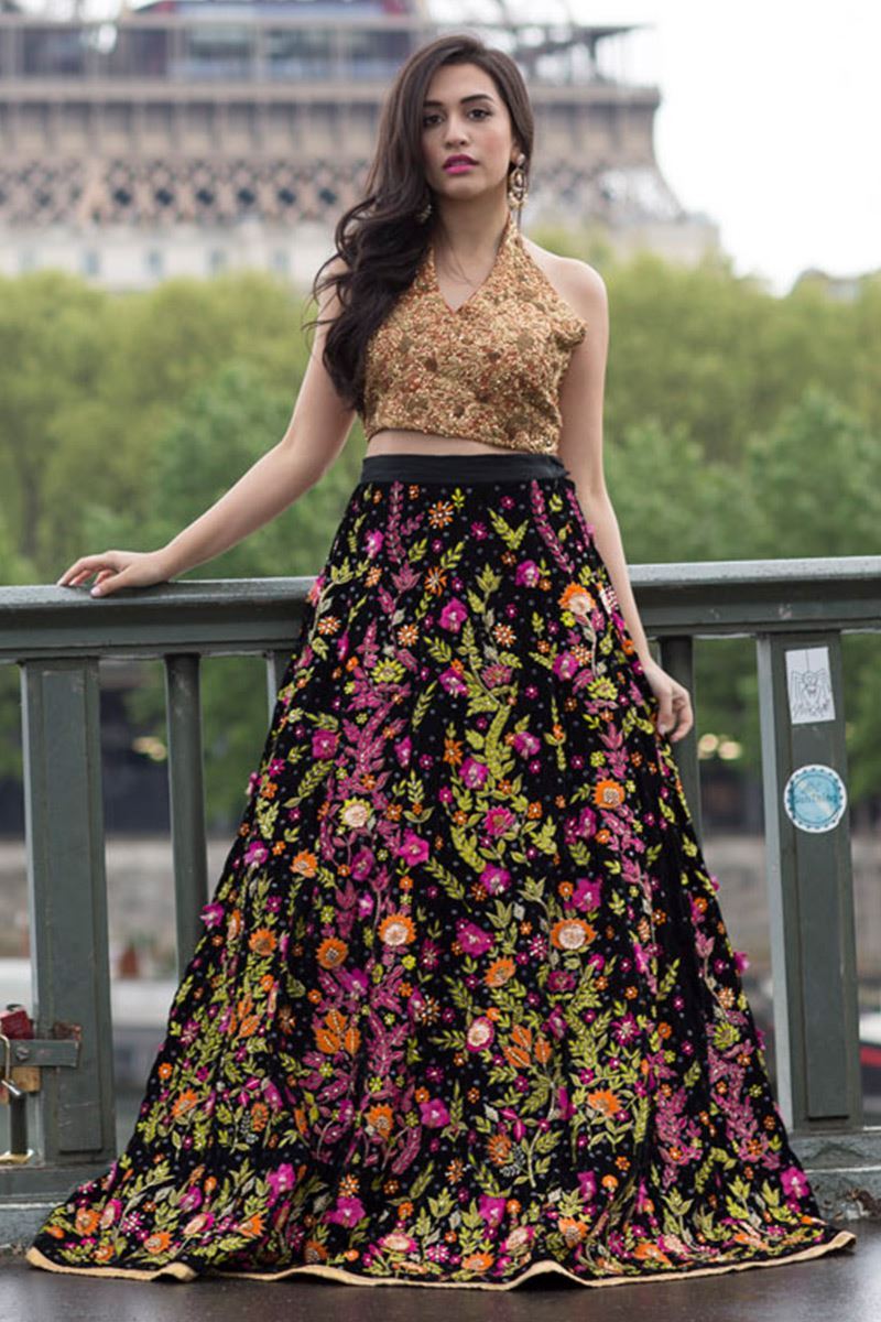 Burnt Orange Embroidered Jamawar Choli with Velvet Lehenga (3-Piece) - Image 1