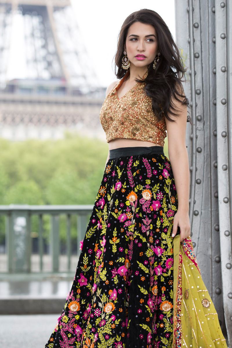 Burnt Orange Embroidered Jamawar Choli with Velvet Lehenga (3-Piece) - Image 2