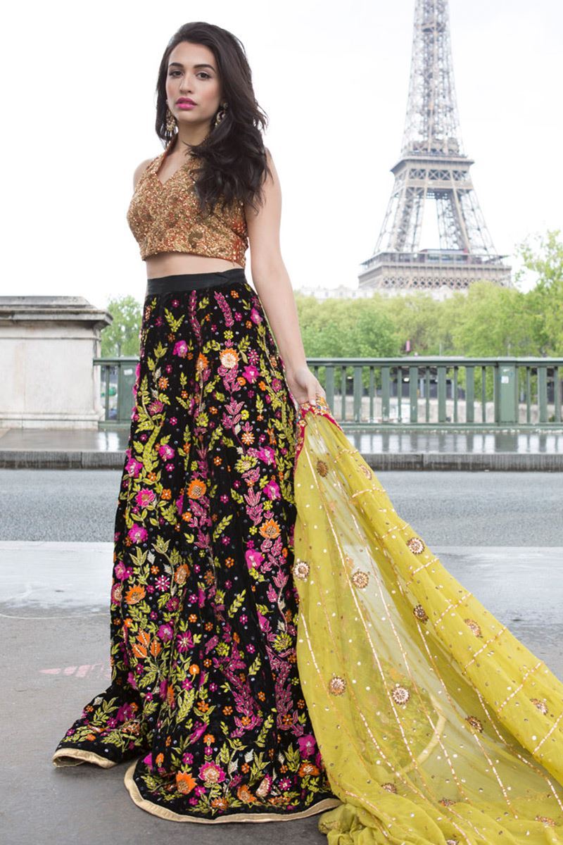 Burnt Orange Embroidered Jamawar Choli with Velvet Lehenga (3-Piece) - Image 3