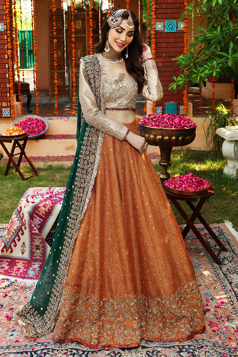 Burnt Orange Hand-Embellished Jamawar Lehenga (3-Piece) - Image 4
