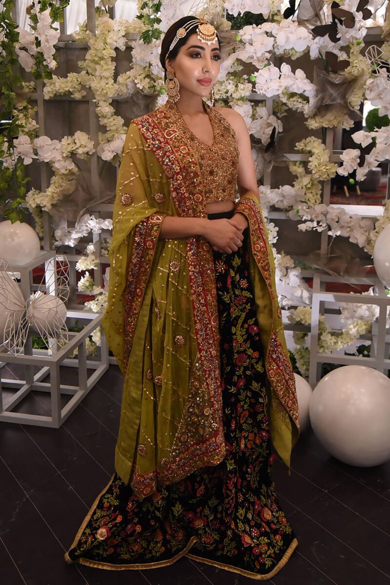 Burnt Orange Embroidered Jamawar Choli with Velvet Lehenga (3-Piece) - Image 1