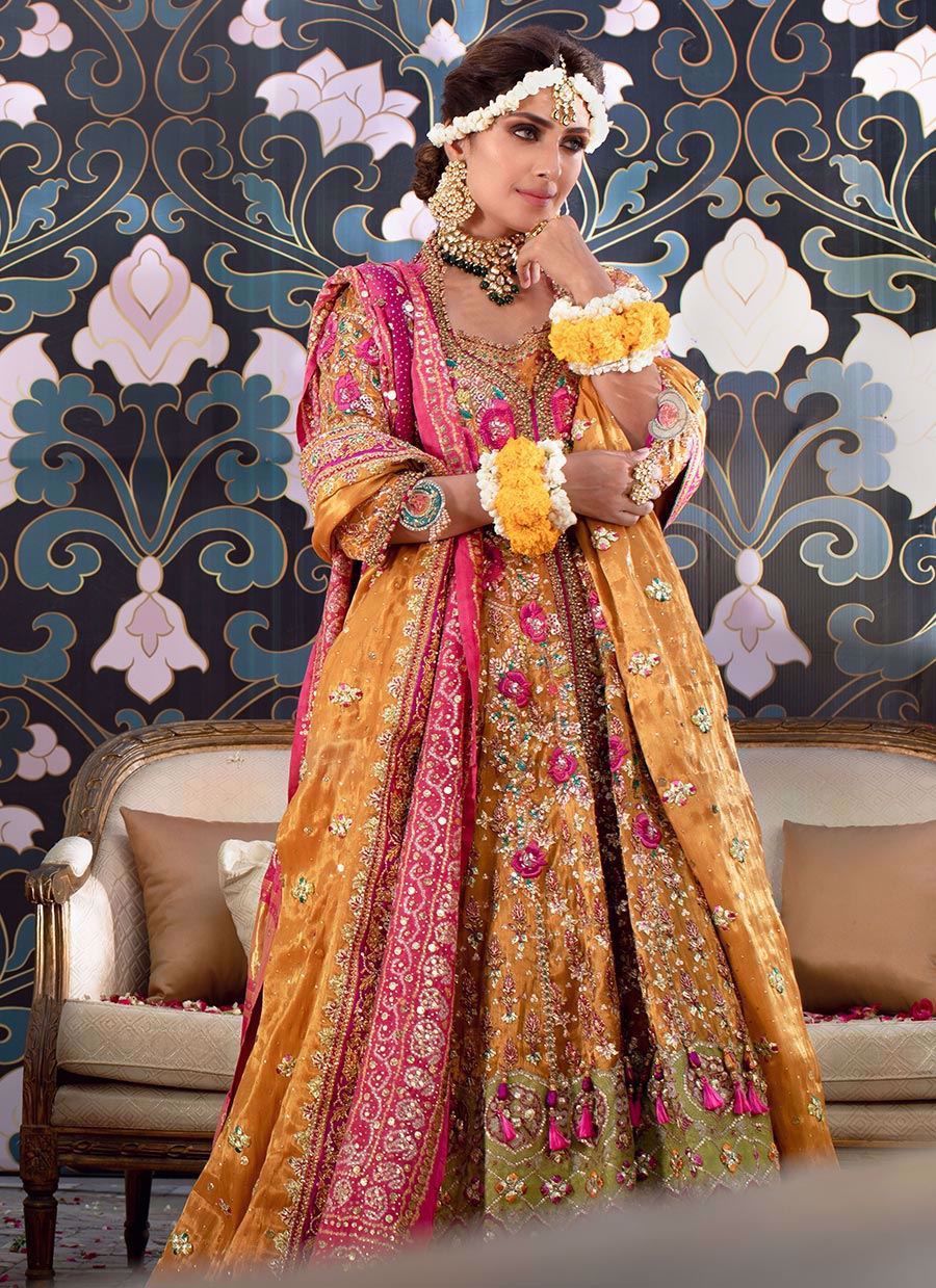Orange Gota Zardozi Tissue Kalidaar Lehenga (3-Piece) - Image 1