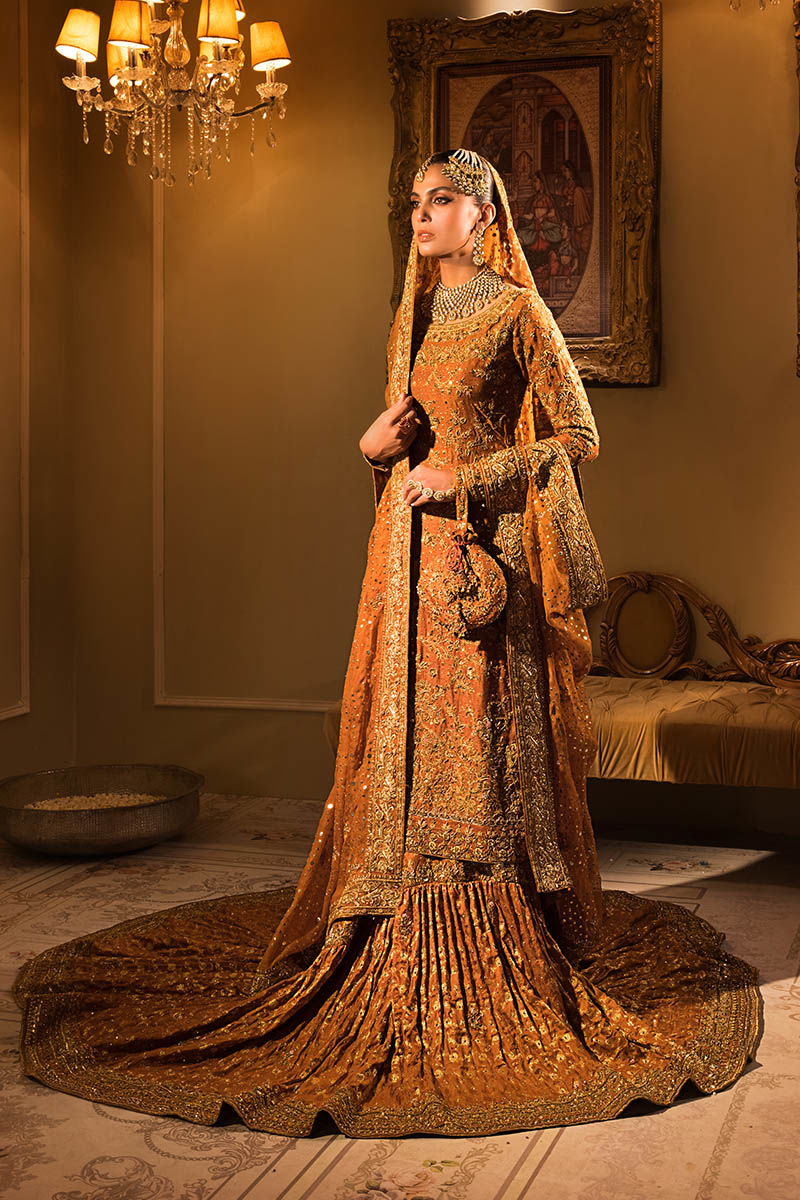 Pakistani Burnt Orange Zardozi Silk Khaddi Net Bridal Lehenga (3-Piece) - Image 1