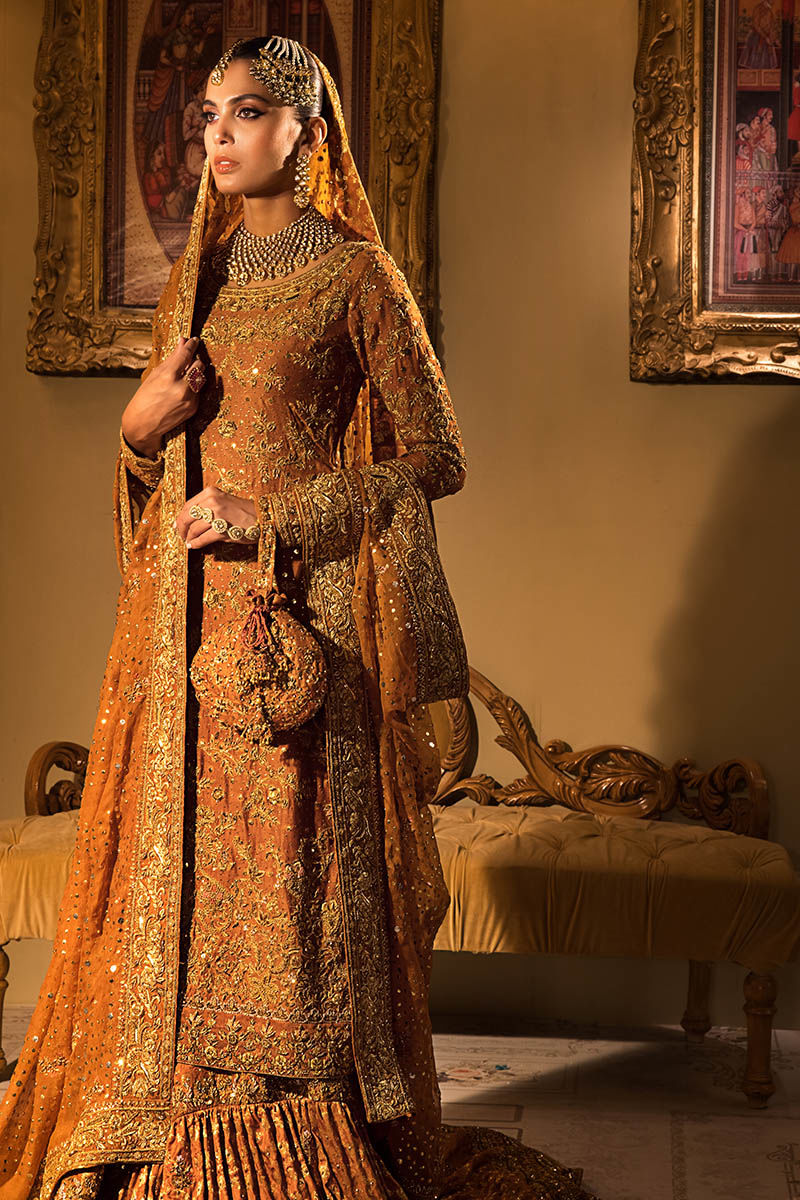 Pakistani Burnt Orange Zardozi Silk Khaddi Net Bridal Lehenga (3-Piece) - Image 2