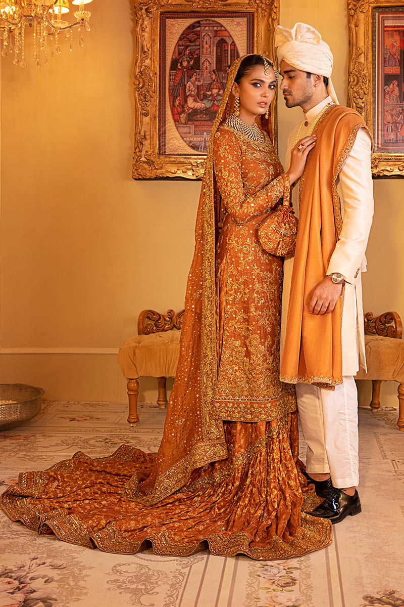 Pakistani Burnt Orange Zardozi Silk Khaddi Net Bridal Lehenga (3-Piece) - Image 4