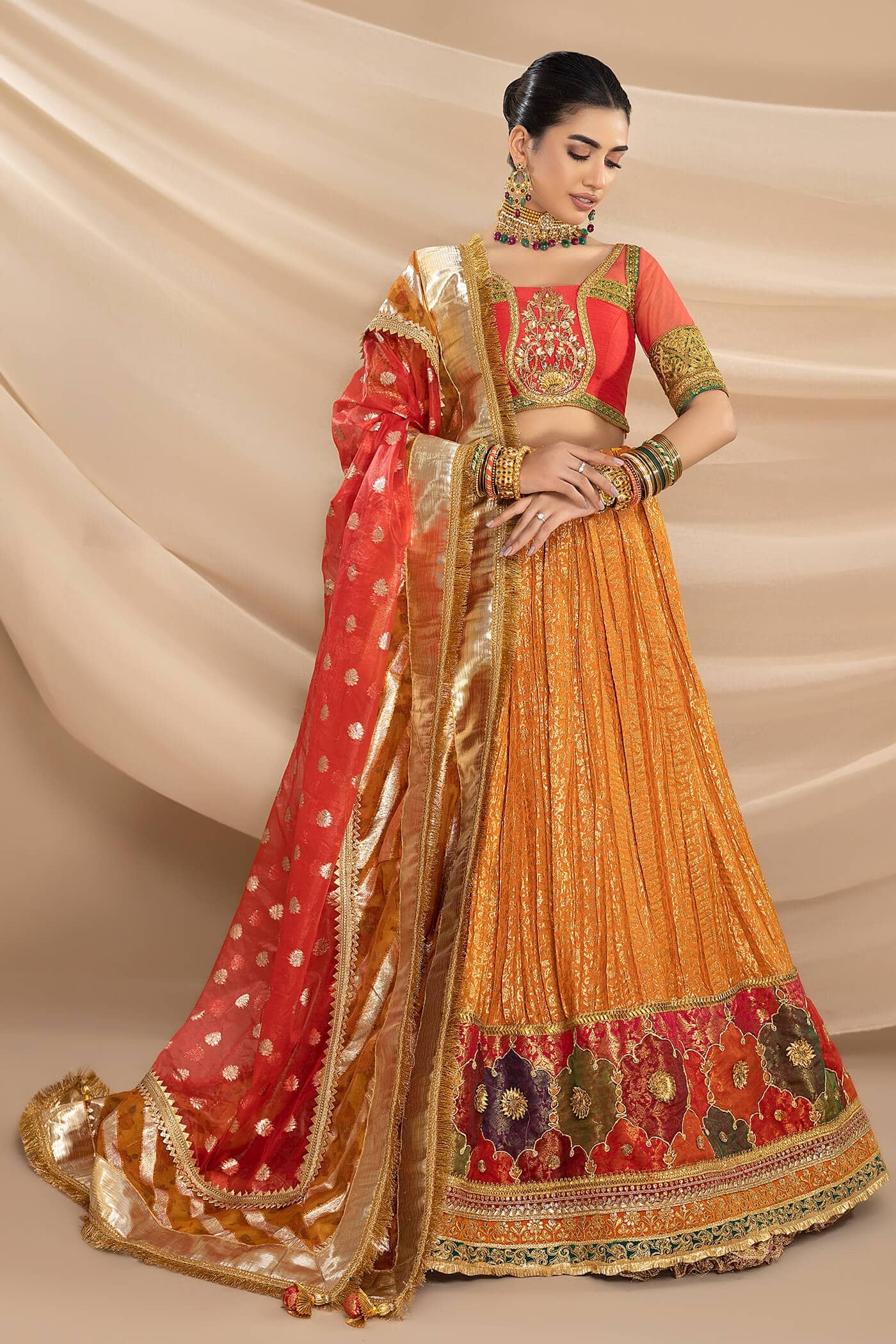 Tangerine Gota & Tilla Raw Silk Lehenga (3-Piece) - Image 1