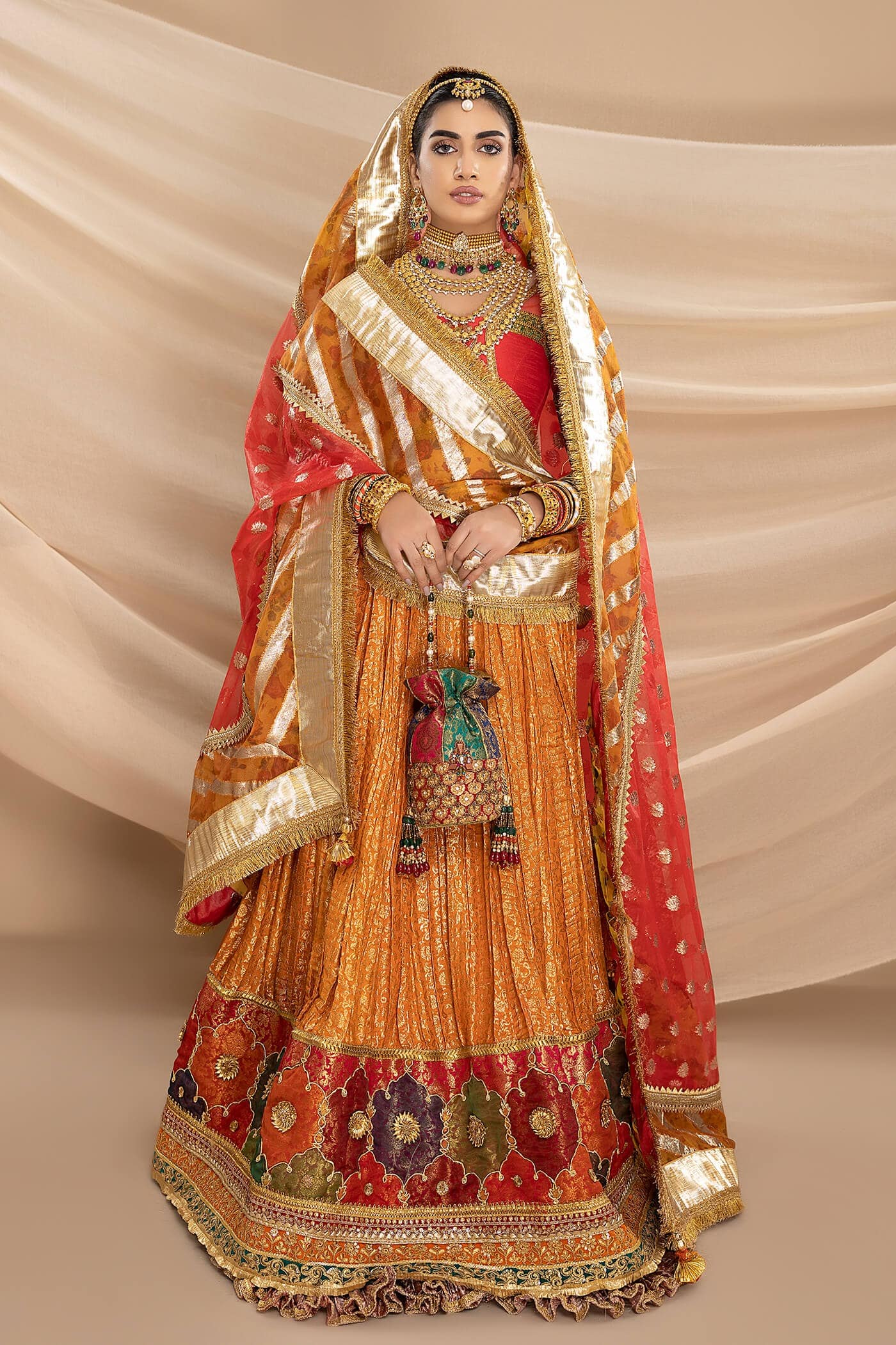 Tangerine Gota & Tilla Raw Silk Lehenga (3-Piece) - Image 3