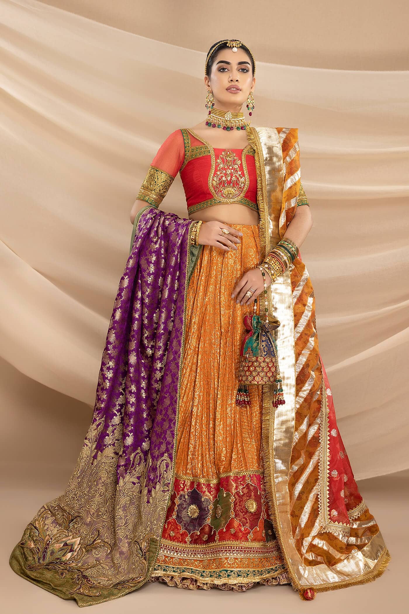 Tangerine Gota & Tilla Raw Silk Lehenga (3-Piece) - Image 4