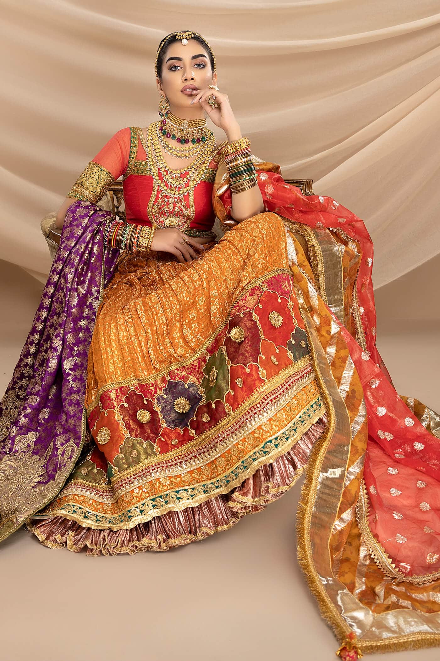 Tangerine Gota & Tilla Raw Silk Lehenga (3-Piece) - Image 5