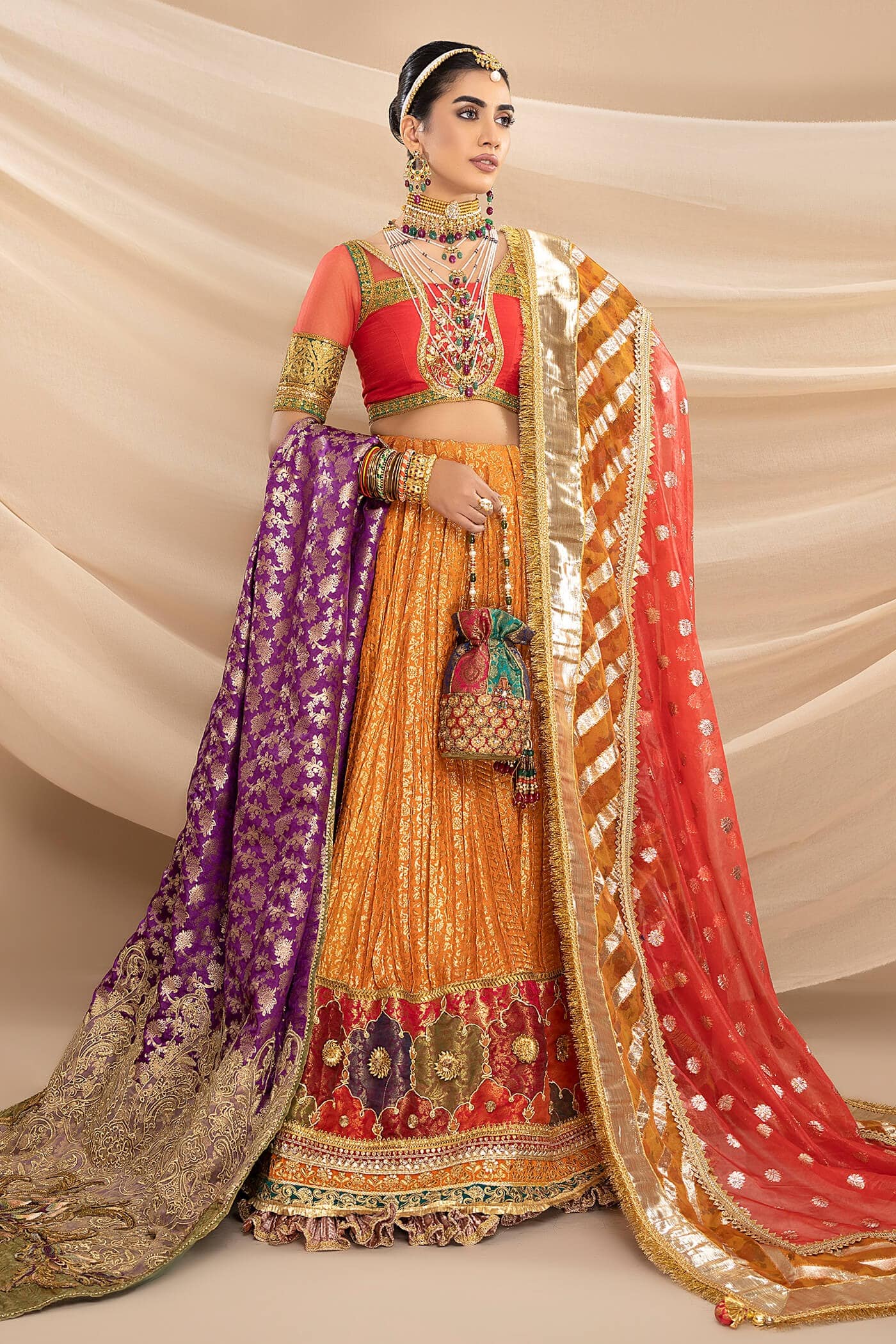 Tangerine Gota & Tilla Raw Silk Lehenga (3-Piece) - Image 6