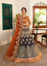 Orange & Navy Embroidered Korean Raw Silk Lehenga (3-Piece) - Image 2