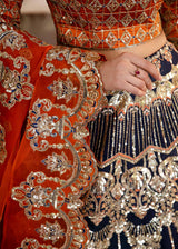 Orange & Navy Embroidered Korean Raw Silk Lehenga (3-Piece) - Image 4