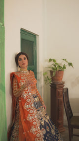 Orange & Navy Embroidered Korean Raw Silk Lehenga (3-Piece) - Image 7