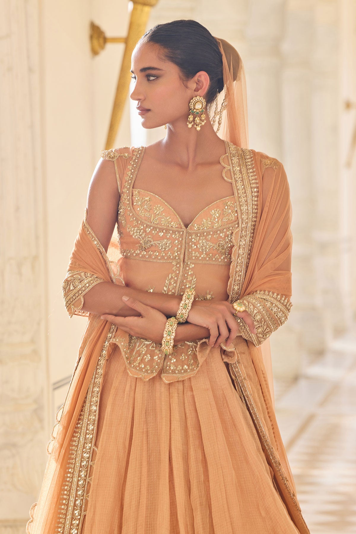 Indian Orange Embroidered Kota Tissue Peplum Lehenga (3-Piece) - Image 2