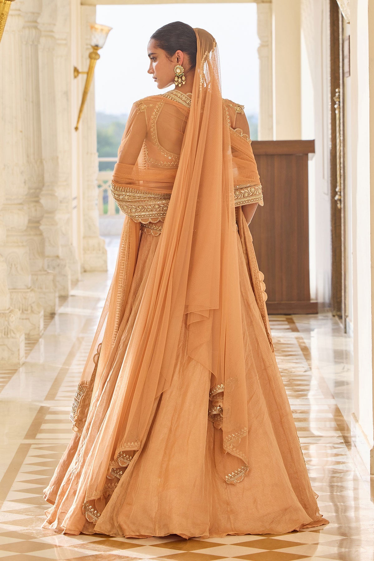 Indian Orange Embroidered Kota Tissue Peplum Lehenga (3-Piece) - Image 4