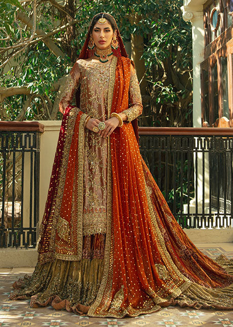 Pakistani Burnt Orange & Gold Embellished Lameh Mesori Bridal Lehenga (3-Piece) - Image 1