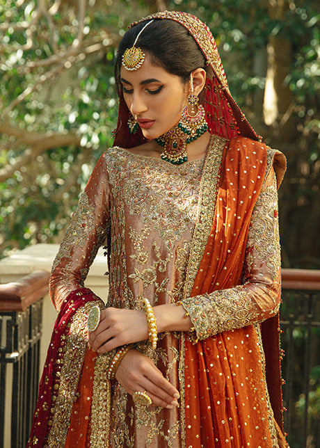 Pakistani Burnt Orange & Gold Embellished Lameh Mesori Bridal Lehenga (3-Piece) - Image 2