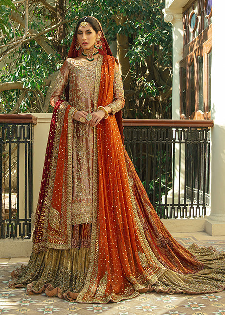 Pakistani Burnt Orange & Gold Embellished Lameh Mesori Bridal Lehenga (3-Piece) - Image 5