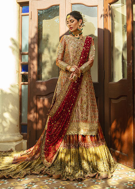 Pakistani Burnt Orange & Gold Embellished Lameh Mesori Bridal Lehenga (3-Piece) - Image 7