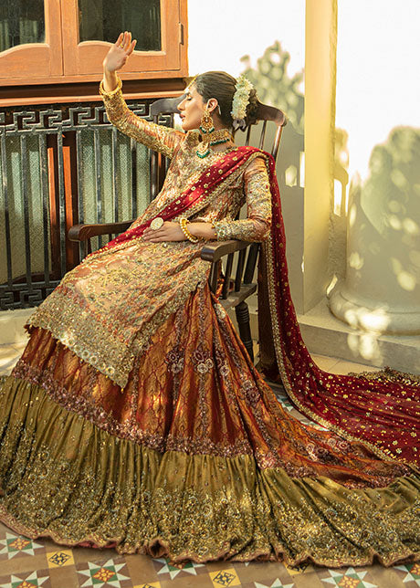 Burnt Orange & Gold Embellished Lameh Mesori Bridal Lehenga (3-Piece) - Image 3