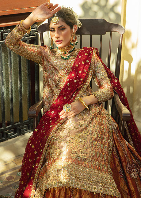 Burnt Orange & Gold Embellished Lameh Mesori Bridal Lehenga (3-Piece) - Image 4
